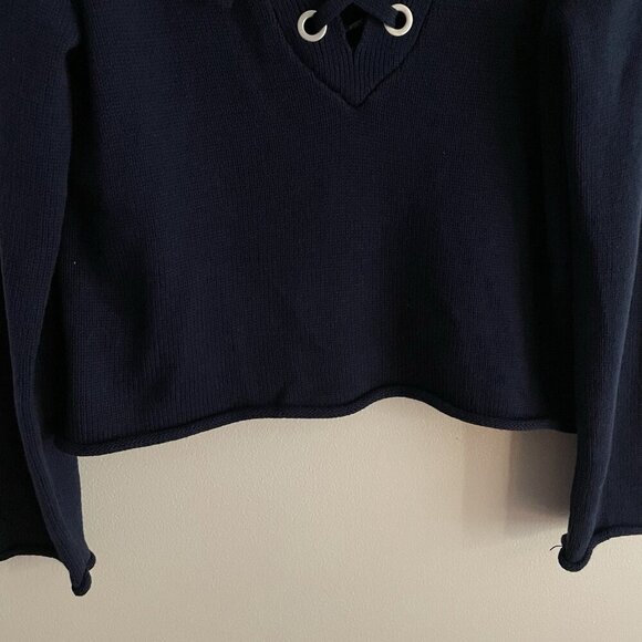 Maurices Women XS Navy Blue Preppy Coastal Relaxed Lace Up Collared Sweater NWT - Picture 3 of 12
